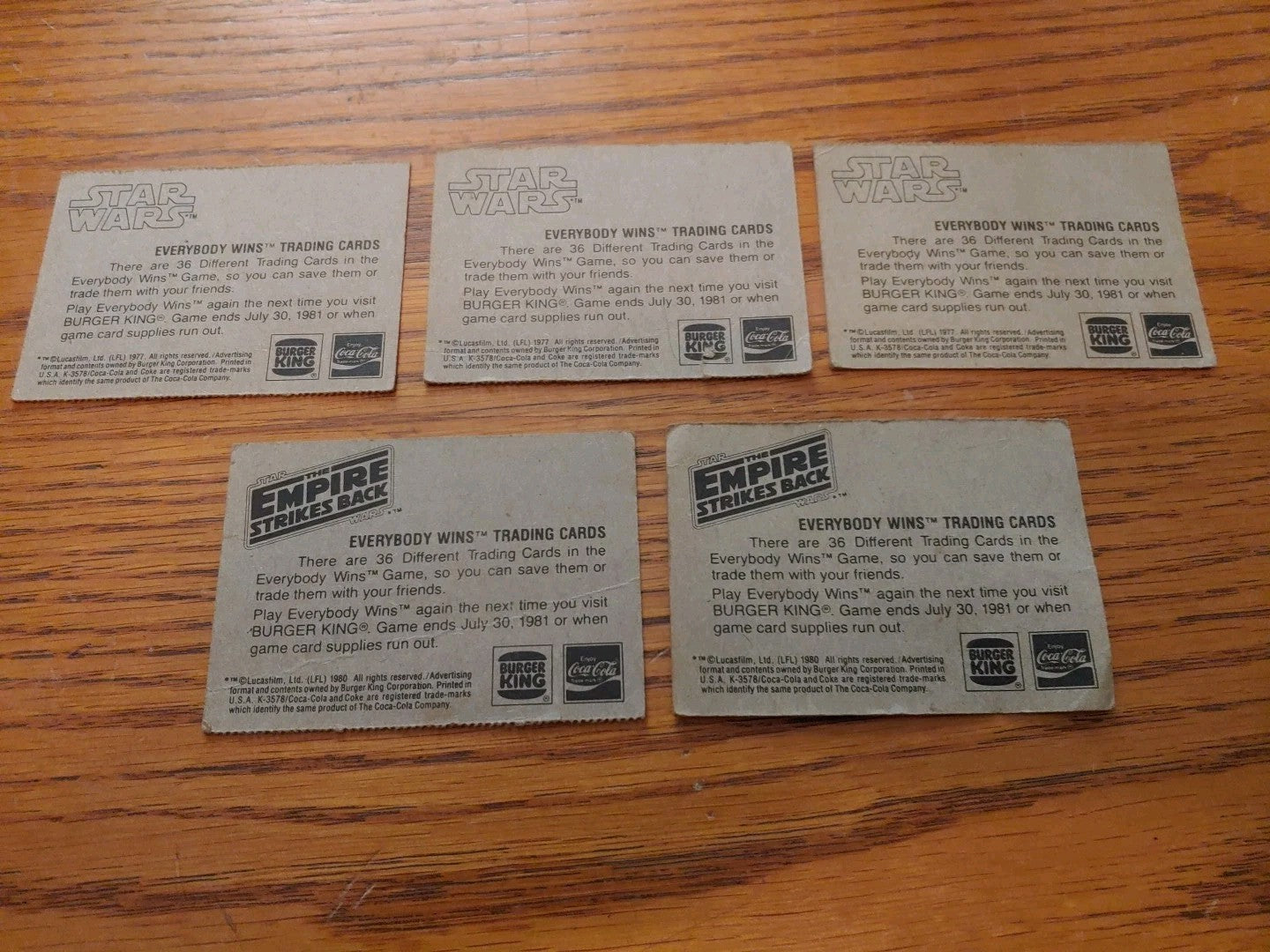 Star Wars Burger King 1977 (3) & 1980 (2) Trading Cards Free Ship