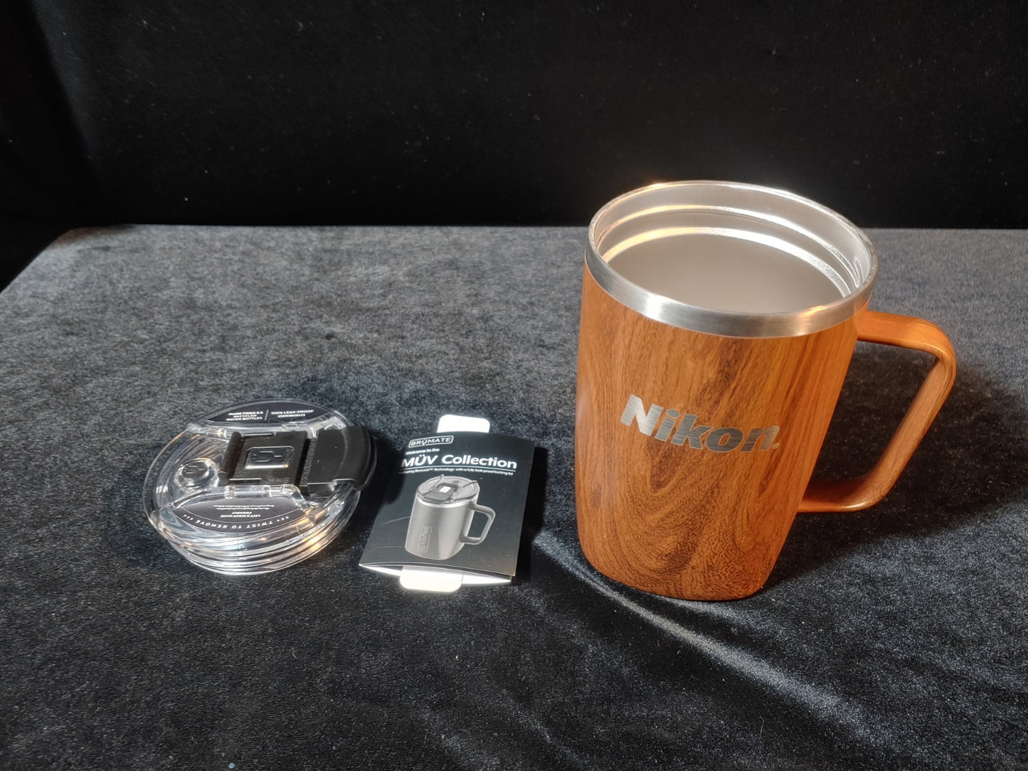 NEW! NIKON BruMate Insulated Stainless Steel Tumbler Mug Wood Grain Brown 17oz