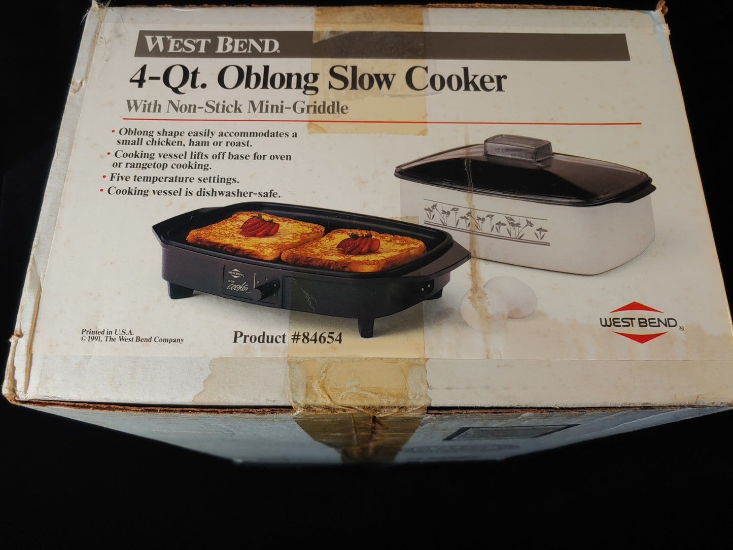 Vintage New Sealed West Bend Slow Cooker Griddle 4 Qt Glass Lid Floral White