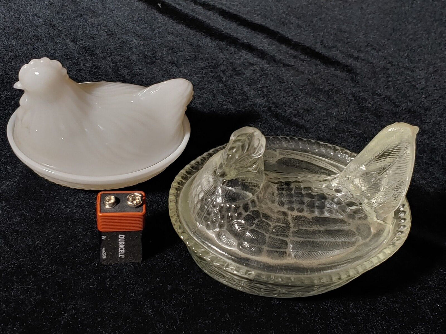 2 Small Hen On Nest Milk Glass & Clear Covered Dish candy