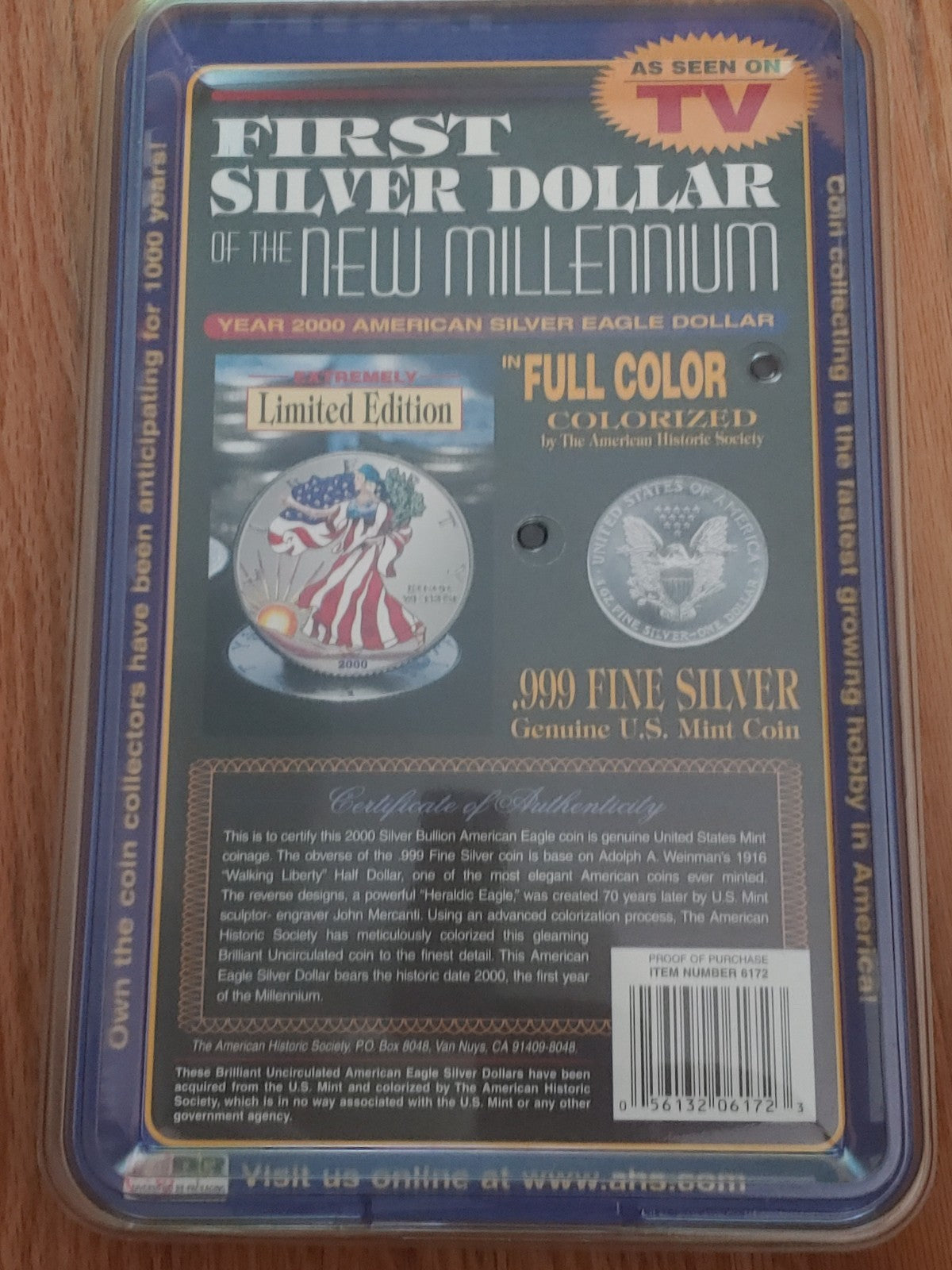 2000 Colorized American Silver Eagle Dollar in Original Package 1 OZ .999 Silver