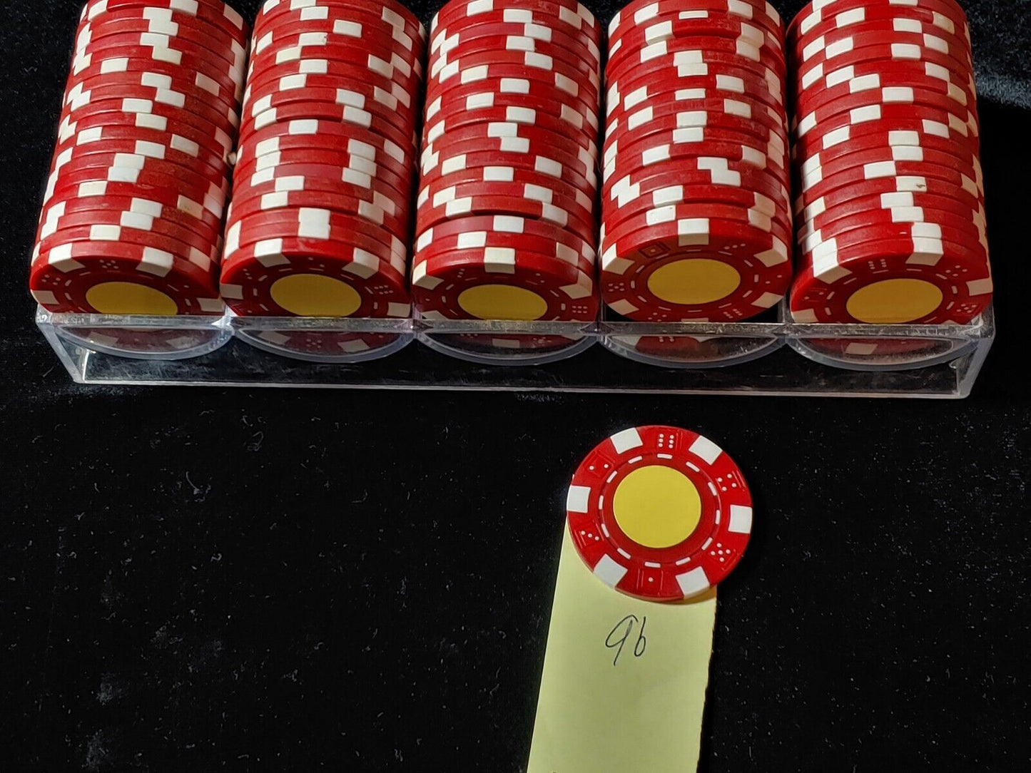 96 Red/Yellow Casino Striped Dice Poker Chips 11.5 Gram Chips Set w/Clear Rack