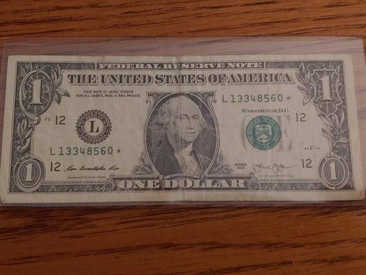 $1 dollar bill star note 2017 Low Serial L13348560