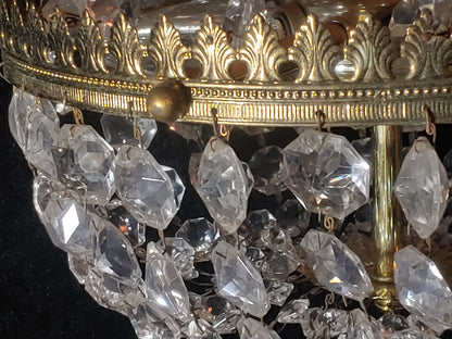 Antique French Empire Crystal Basket Chandelier with Filigree Brass Ring