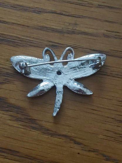 Vintage Rhinestone Mother of Pearl Dragonfly Brooch 1980s Silver Pin