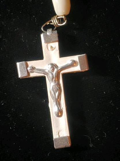 Vintage Italian Catholic Rosary White Beads Crucifix Stamped Jerusalem