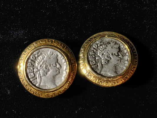 Premiere Designs Signed PD Gold Tone Roman Coin Greek Clip On Earrings