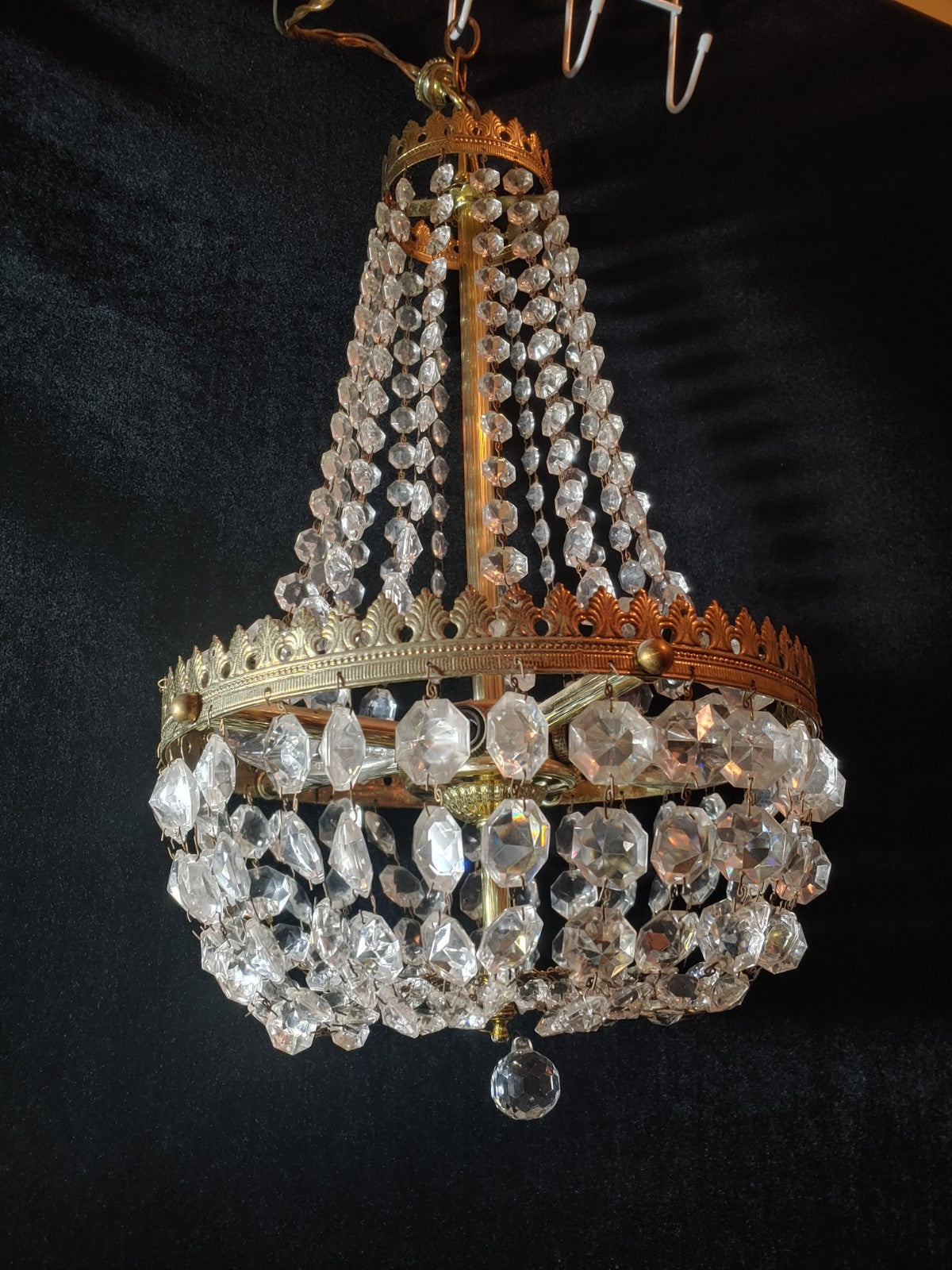 Antique French Empire Crystal Basket Chandelier with Filigree Brass Ring