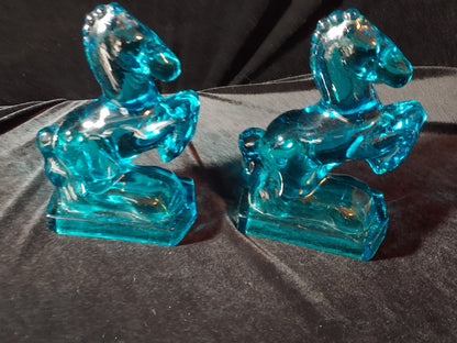 Blue Glass Horse Bookends by  L. E. Smith Mid Century