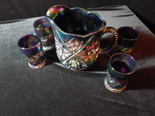 Vintage Fenton Amethyst Hobstar Iridescent Carnival Glass Pitcher w/4 Glasses