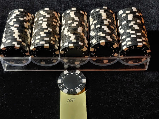 100 Black Casino Striped Dice Poker Chips 11.5 Gram Chips Set w/Clear Rack