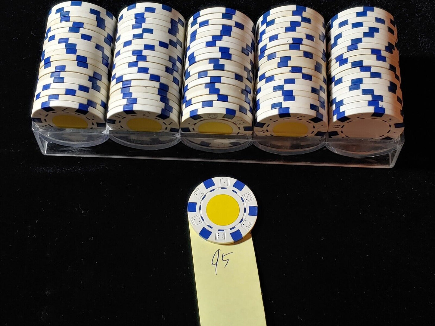 95 White/Yellow Casino Striped Dice Poker Chips 11.5 Gram Chips Set w/Clear Rack