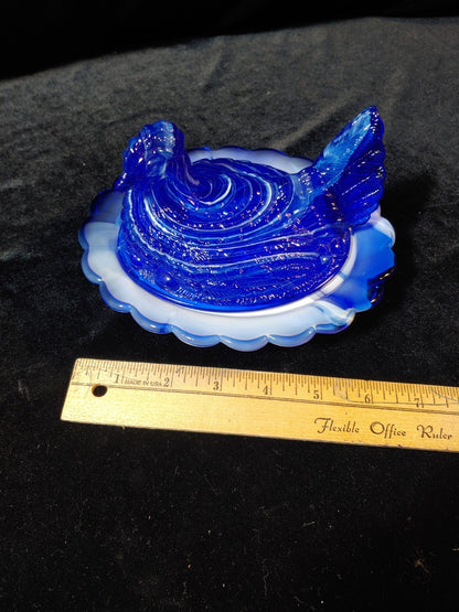 Vintage MOSSER Cobalt Blue/White Slag Glass Hen On Nest Lidded