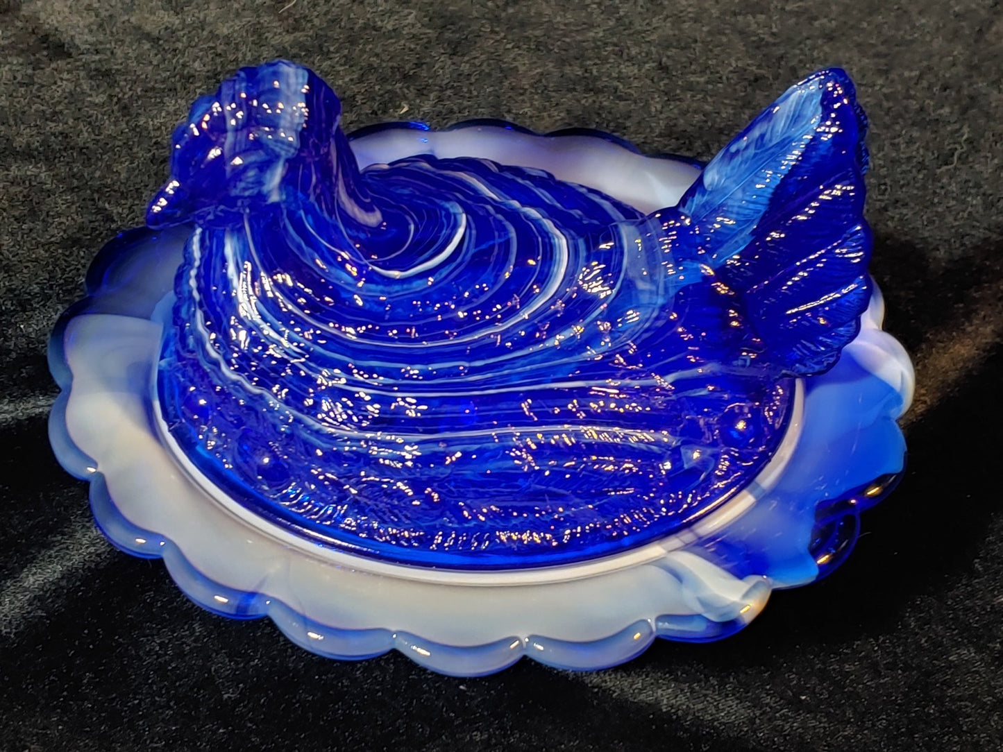 Vintage MOSSER Cobalt Blue/White Slag Glass Hen On Nest Lidded