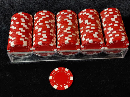 100 Red Casino Striped Dice Poker Chips 11.5 Gram Poker Chips Set w/Clear Rack