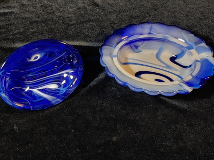 Vintage MOSSER Cobalt Blue/White Slag Glass Hen On Nest Lidded
