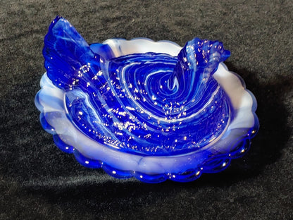 Vintage MOSSER Cobalt Blue/White Slag Glass Hen On Nest Lidded