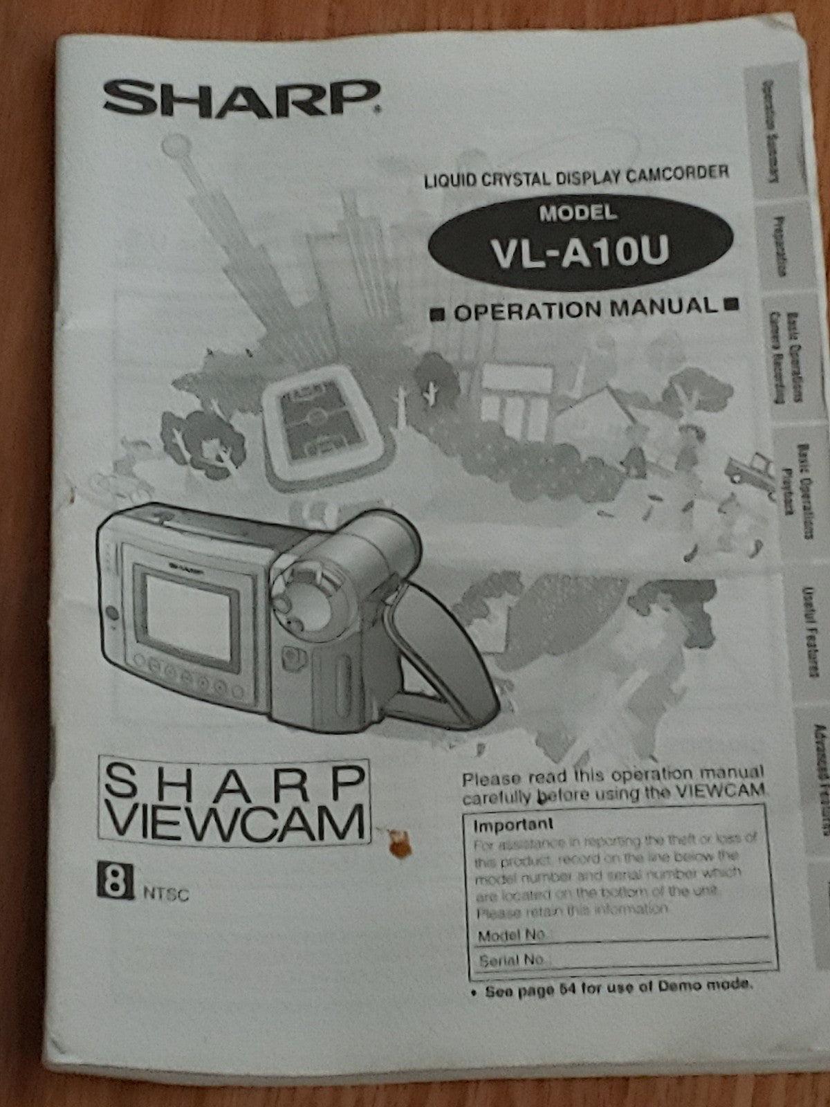 Sharp Viewcam VL-A10U Video8 Camcorder Manual AC Adapter Remote Battery, VCable