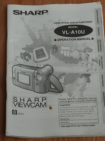 Sharp Viewcam VL-A10U Video8 Camcorder Manual AC Adapter Remote Battery, VCable
