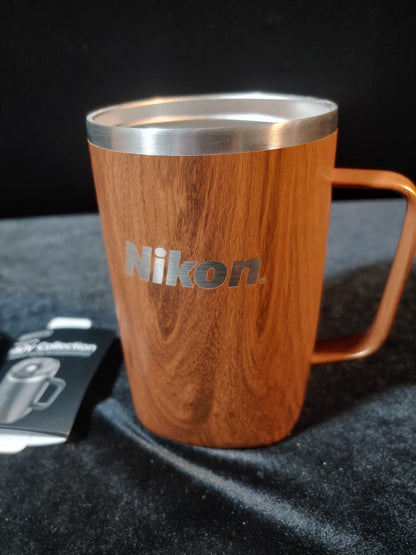 NEW! NIKON BruMate Insulated Stainless Steel Tumbler Mug Wood Grain Brown 17oz
