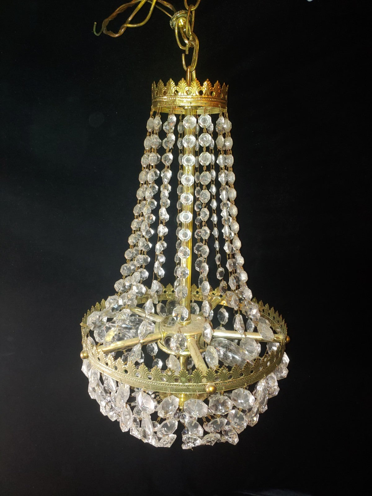 Antique French Empire Crystal Basket Chandelier with Filigree Brass Ring