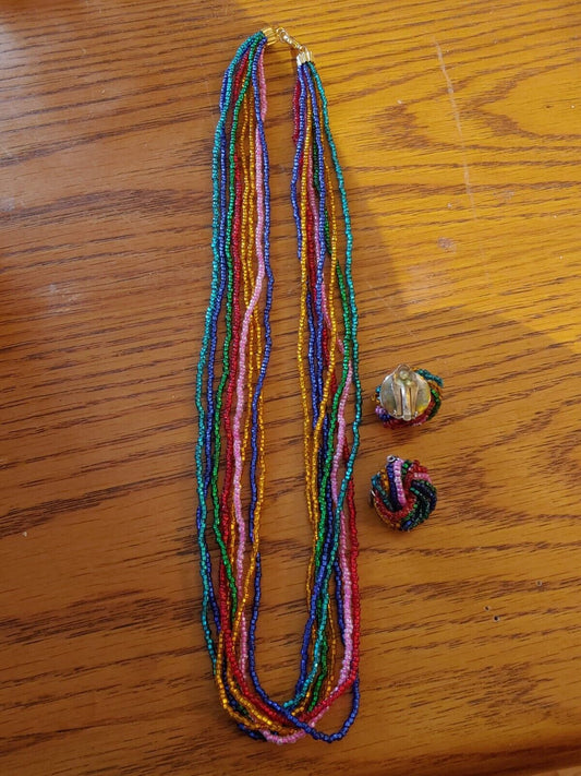 Hand crafted Multi Strand Multi Color Beaded Necklace 24" w/Earrings