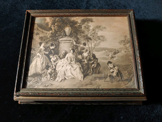 Vintage Jewelry Dresser Parlor Box Victorian Ladies Scene Mirror Lid