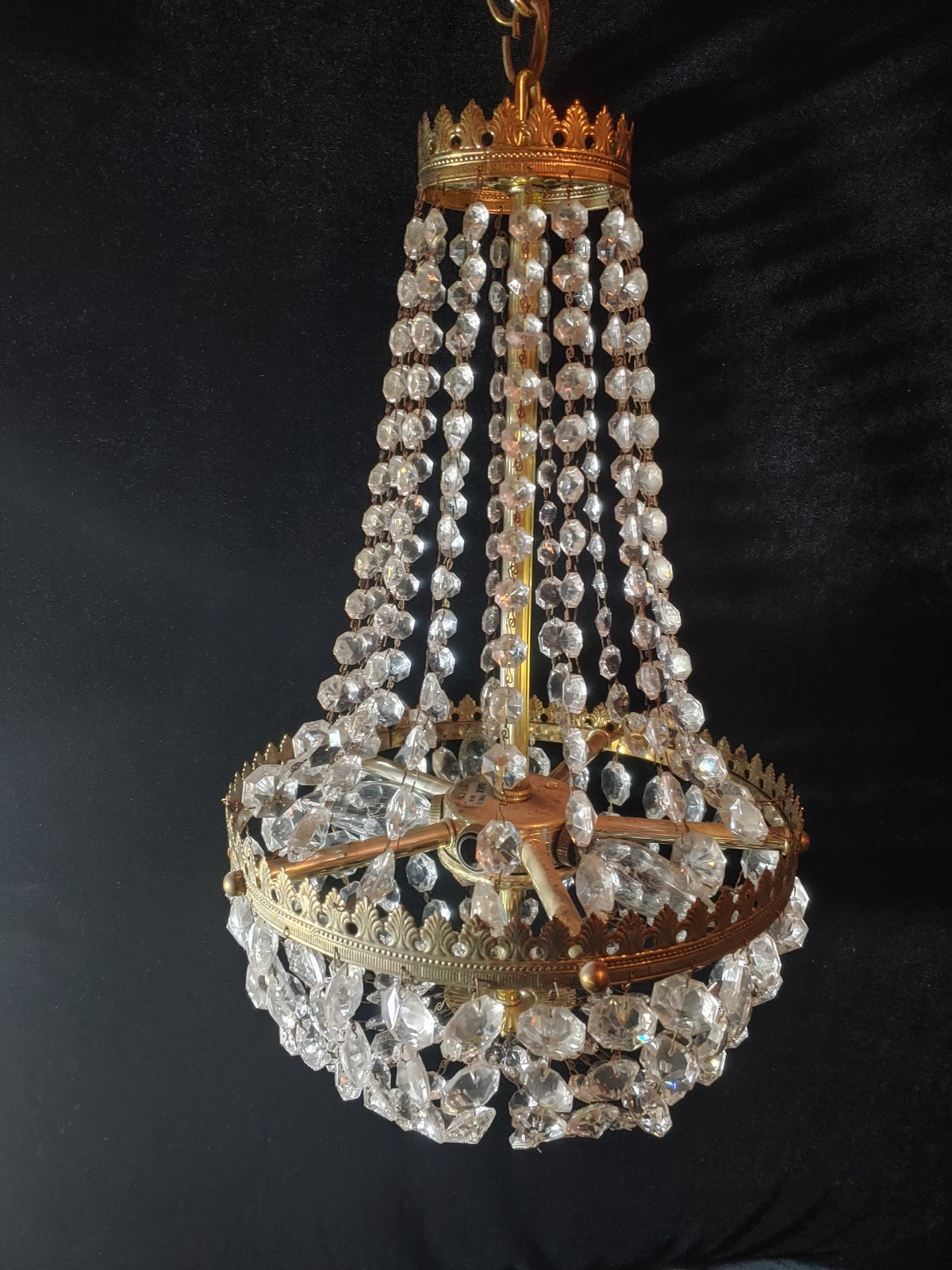 Antique French Empire Crystal Basket Chandelier with Filigree Brass Ring