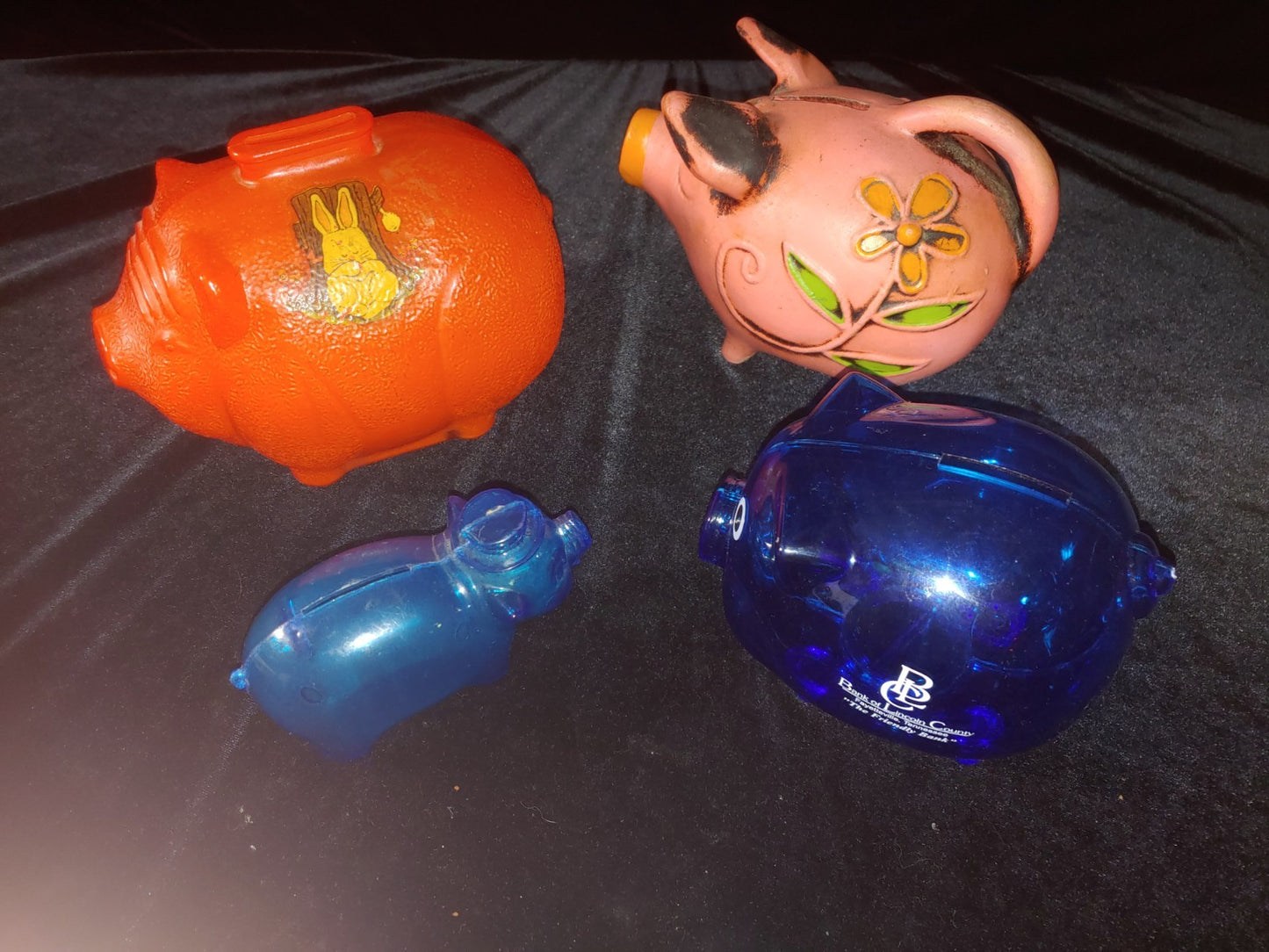 Vintage Piggy Bank lot of 2 Glass, 2 Plastic Rare Pink Chalkware