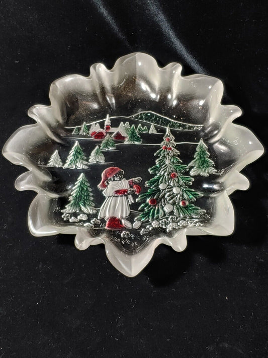 Vintage Christmas Tree Candy Dish Embossed Colored Glass