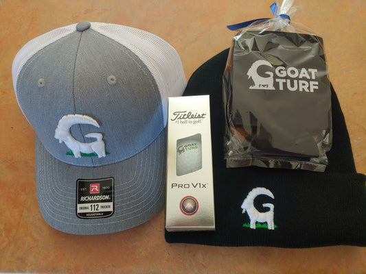 Goat Turf Promo Pack 3 Logo Titleist PRO V1x Balls, Hat, Beanie, Koozie+