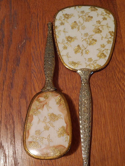 Antique Metal Vanity Set Hand Held Mirror Hair Brush Silver Gold Floral