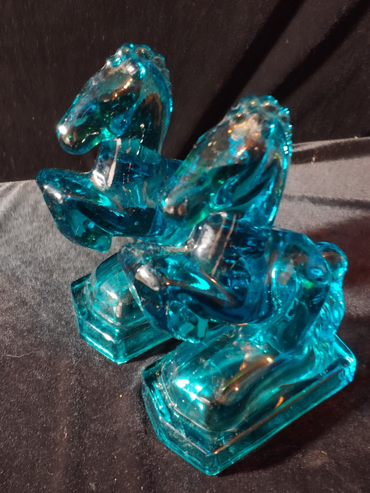 Blue Glass Horse Bookends by  L. E. Smith Mid Century