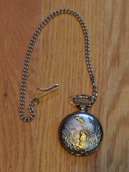 Vintage Milan Quartz Pocket Watch Hunters w/Chain New Battery Japan Movt