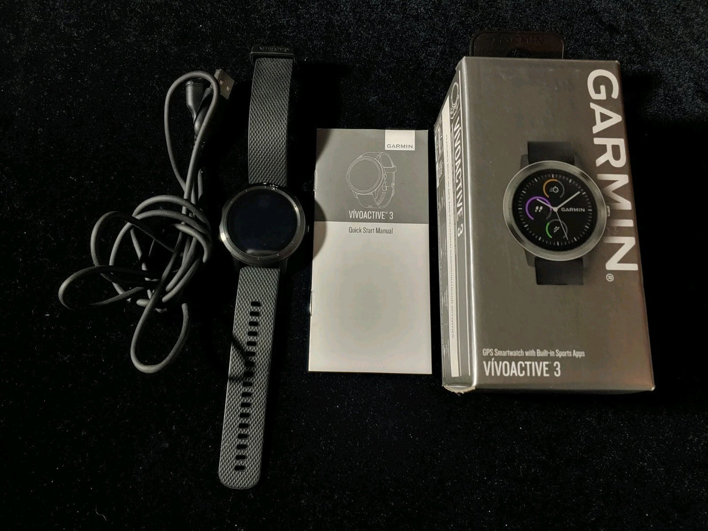 Garmin Vivoactive 3 GPS Smartwatch Black Charger Box Good Condition