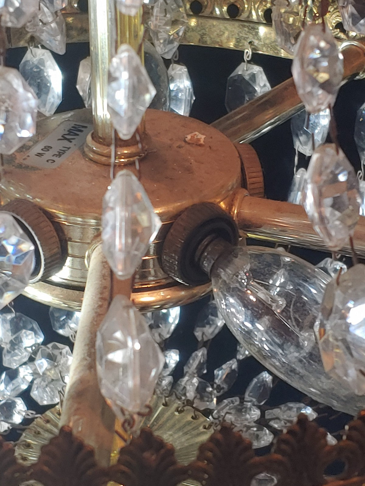 Antique French Empire Crystal Basket Chandelier with Filigree Brass Ring