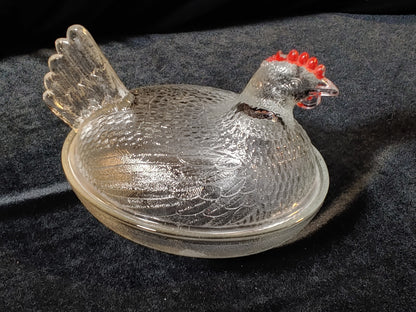 Indiana Glass Clear Hen on Nest Beadless Nest Red Paint Accents