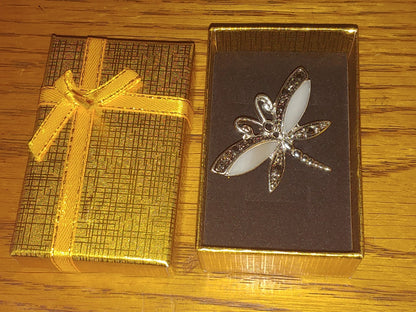 Vintage Rhinestone Mother of Pearl Dragonfly Brooch 1980s Silver Pin