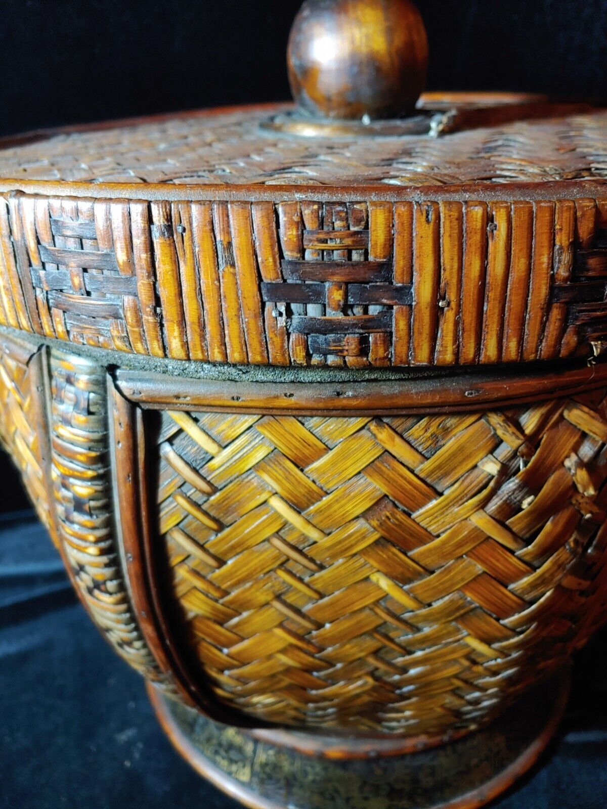 Vintage 15" D x 13" H Chinese Covered Basket Woven Rattan Beautiful Piece!