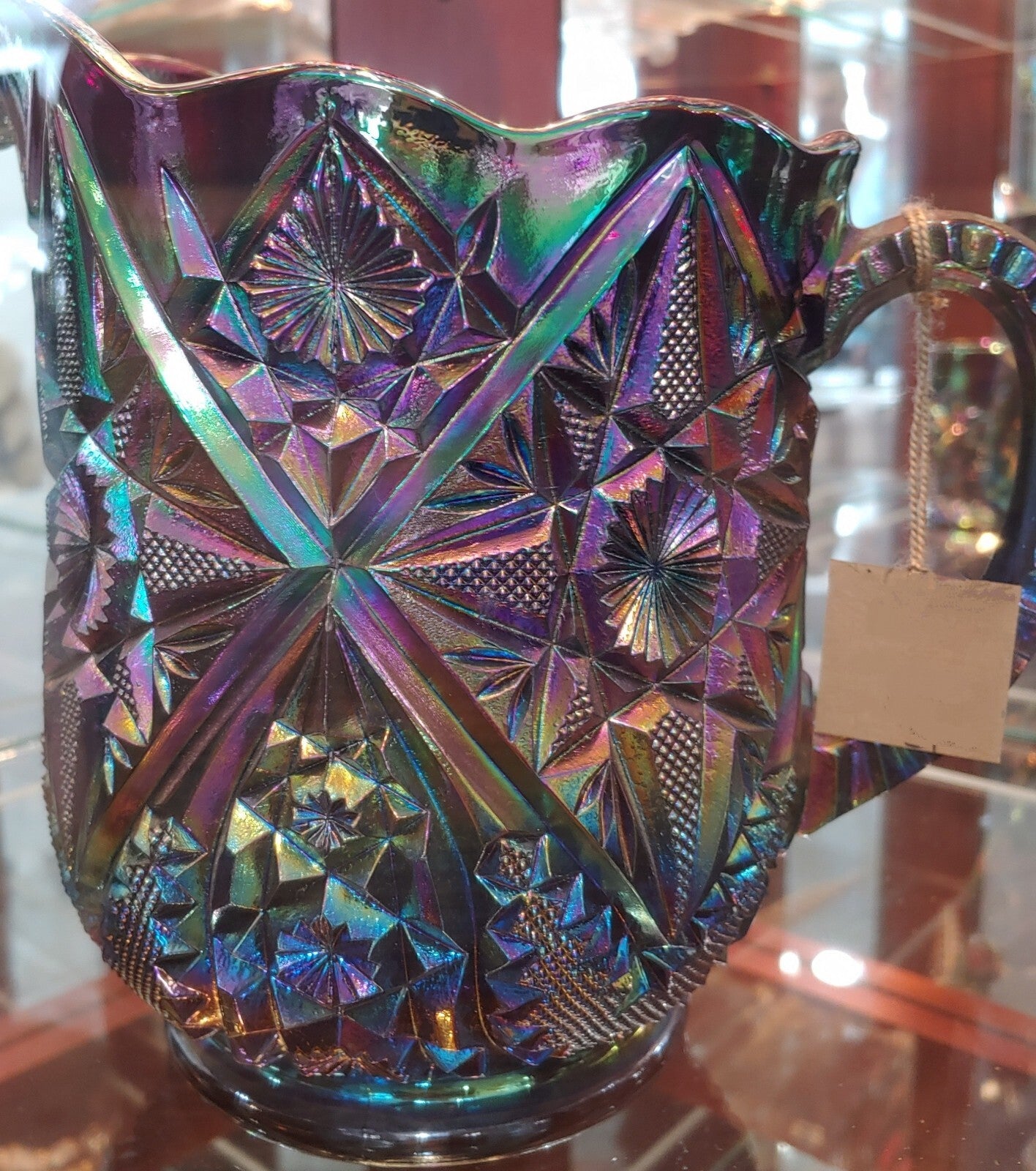 Vintage Fenton Amethyst Hobstar Iridescent Carnival Glass Pitcher w/4 Glasses