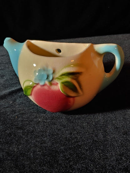 Vintage Wall Pocket Teapot Fruit Plum Hanging on Tree Blue White