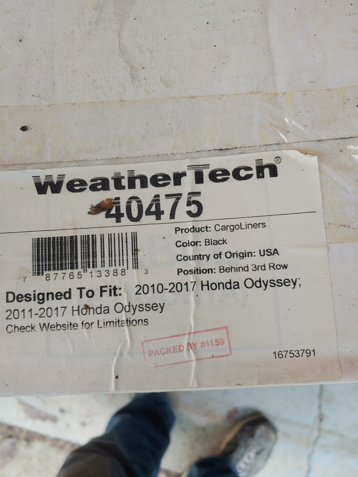 NEW! WeatherTech 40475 Cargo Liner Blk for Honda Odyssey 2010-2017