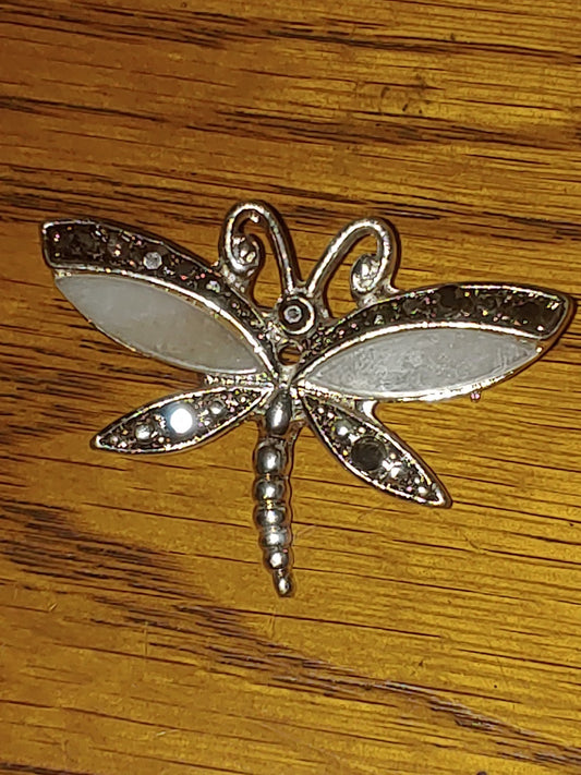 Vintage Rhinestone Mother of Pearl Dragonfly Brooch 1980s Silver Pin