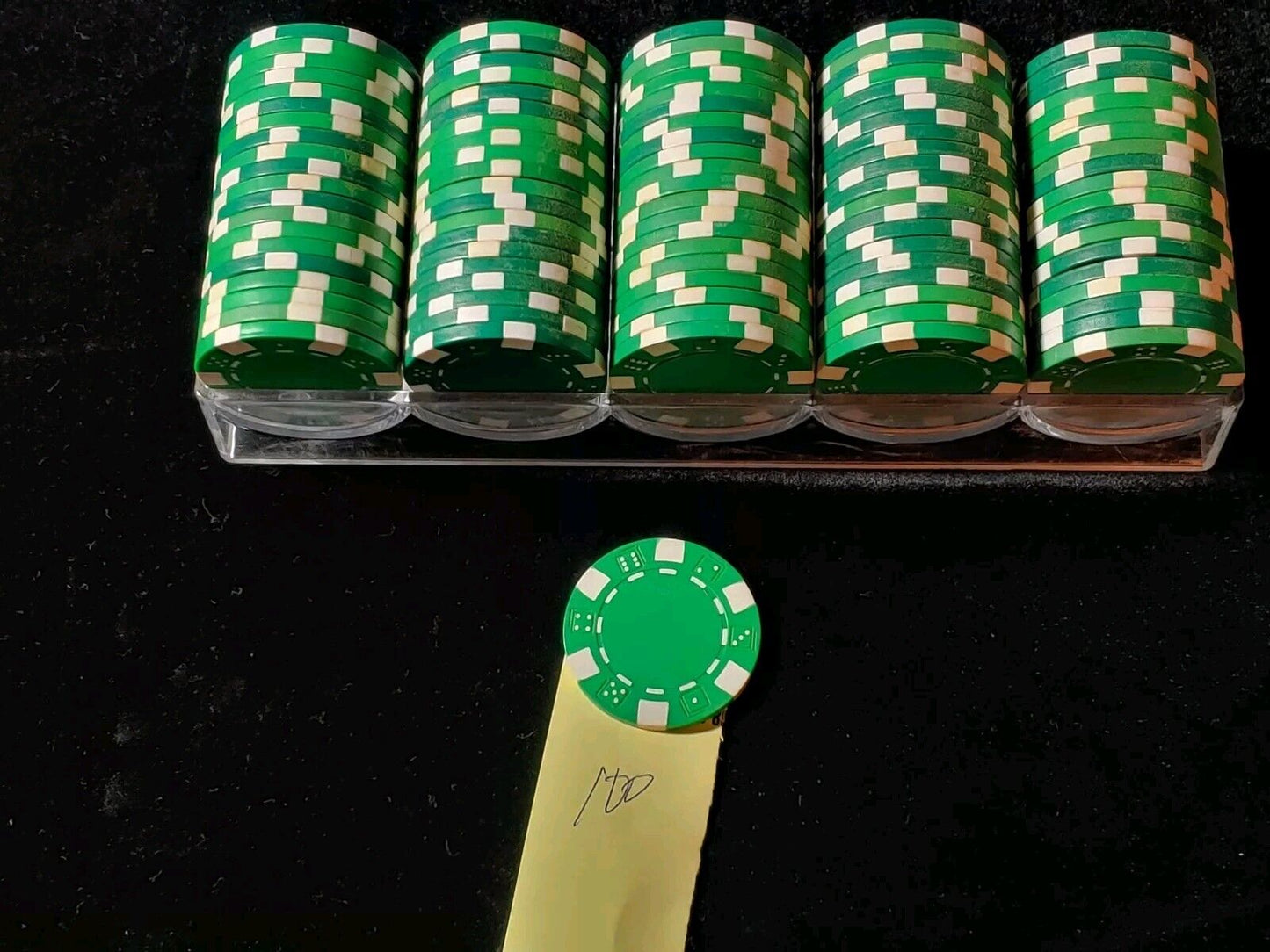 100 Green Casino Striped Dice Poker Chips 11.5 Gram Chips Set w/Clear Rack