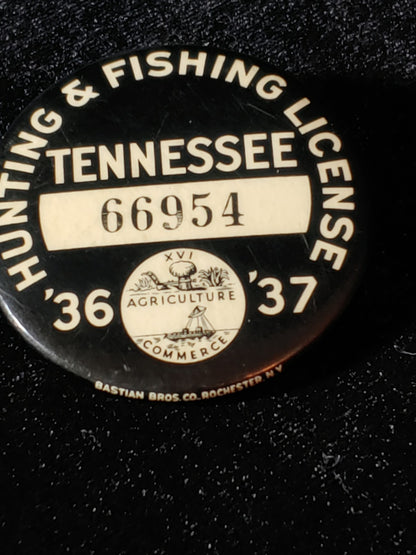 RARE!  1936-37 Tennessee Hunting Fishing Tag Button License Black