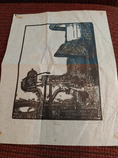 Dan Quest Vintage Original Woodcut Mulberry Creek Forge Signed Low # 119/2000