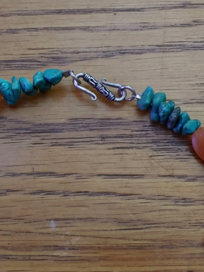Vintage Native American Red Jasper Blue Turquoise Silver Bead Necklace 16"