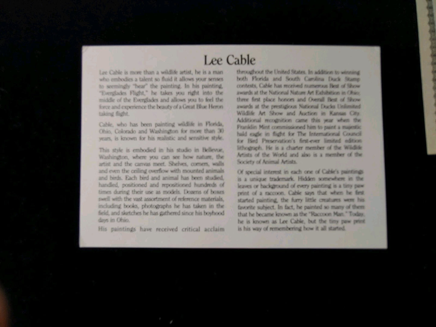 LEE CABLE HAND SIGNED "EVERGLADES FLIGHT" LIMITED EDITION  LITHOGRAPH W/COA