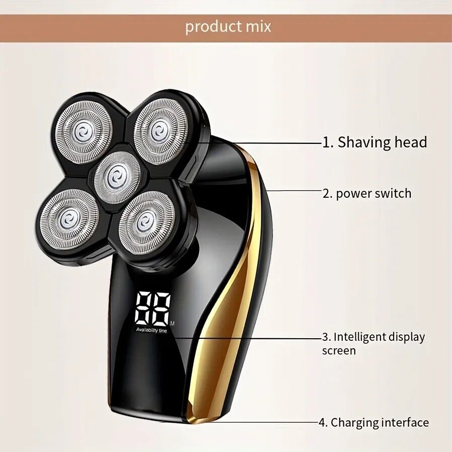 Rechargeable Bald Head Shaver LED Display 5 Floating Heads Mens Cordless