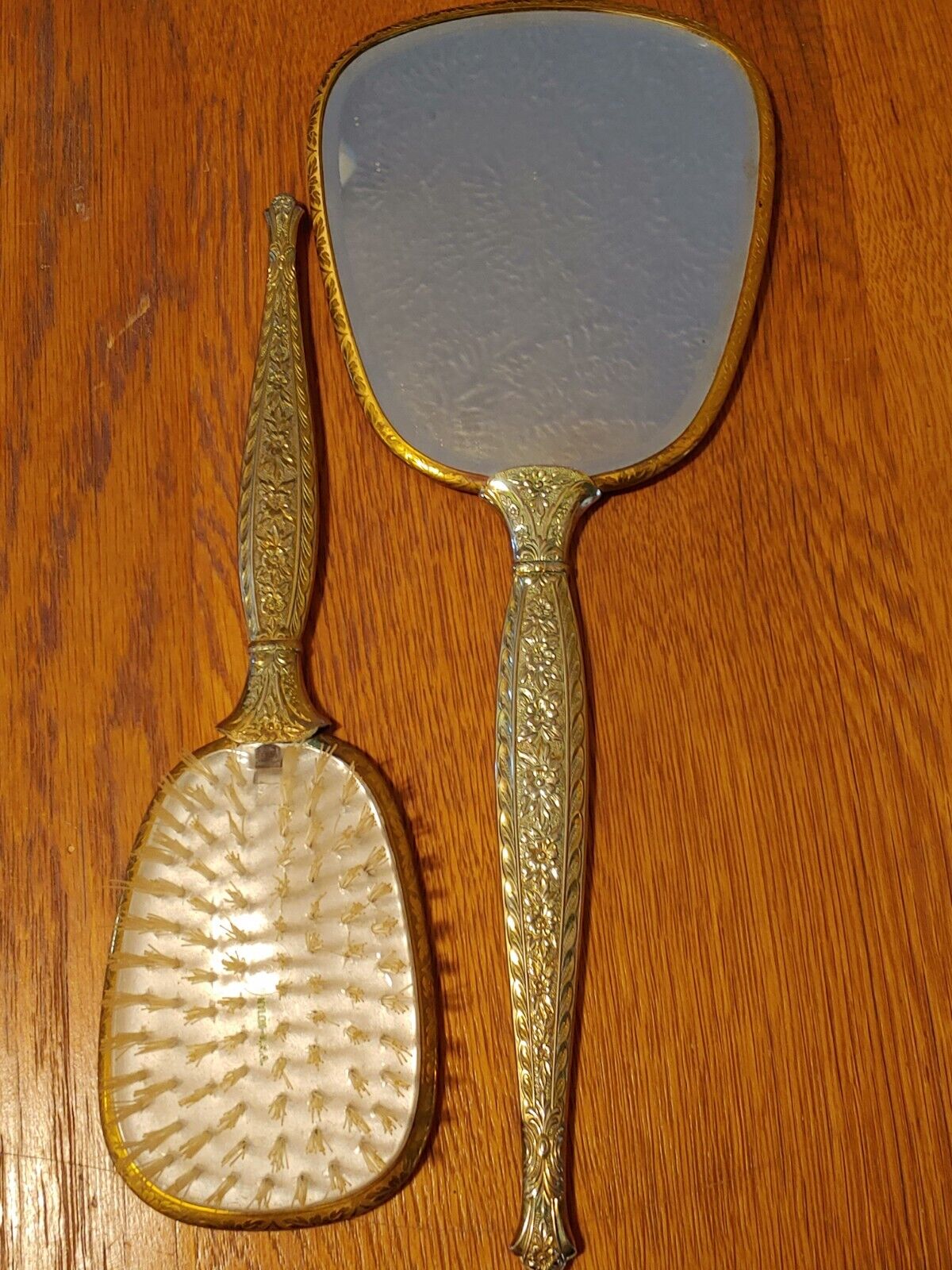 Antique Metal Vanity Set Hand Held Mirror Hair Brush Silver Gold Floral